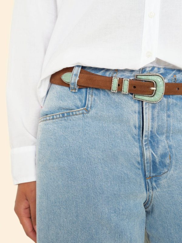 Silver Ostrich Brown Suede Soft Turquoise Belt - Image 2