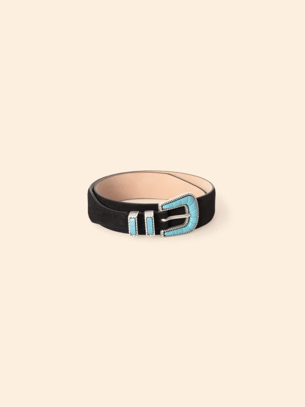 Silver Ostrich Black Suede Turquoise Belt